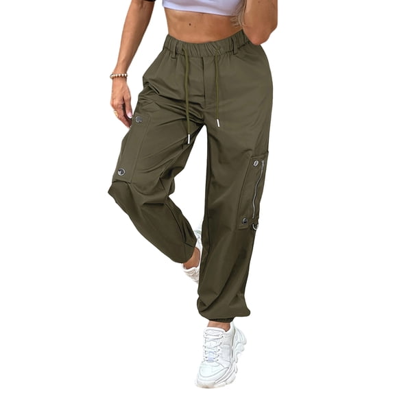 Women's High Waisted Wide Leg Cargo Pants - Drawstring with Pockets Work Casual Trousers, Army Green Size XS