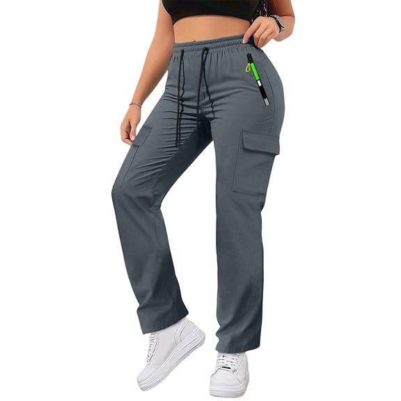 Women's High Waisted Wide Leg Cargo Pants - Drawstring with Pockets Work Casual Trousers, Dark Gray Size S