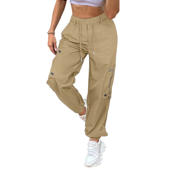 Women's High Waisted Wide Leg Cargo Pants - Drawstring with Pockets Work Casual Trousers, Khaki Size S