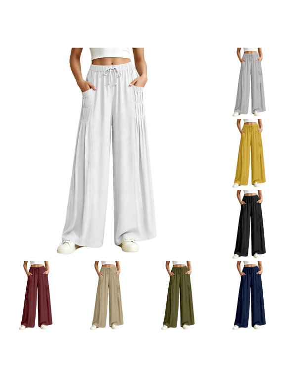 Women's High Waisted Wide Leg Casual Pants Loose Fit Flowy Trousers With Pockets Soft Comfy Straight Long Pants