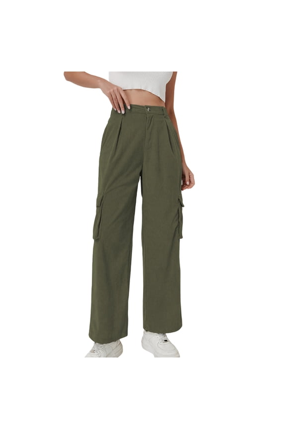 Women's High Waisted Wide Leg Corduroy Cargo Pants Pleated Button Fly Trousers with Side Flap Pockets