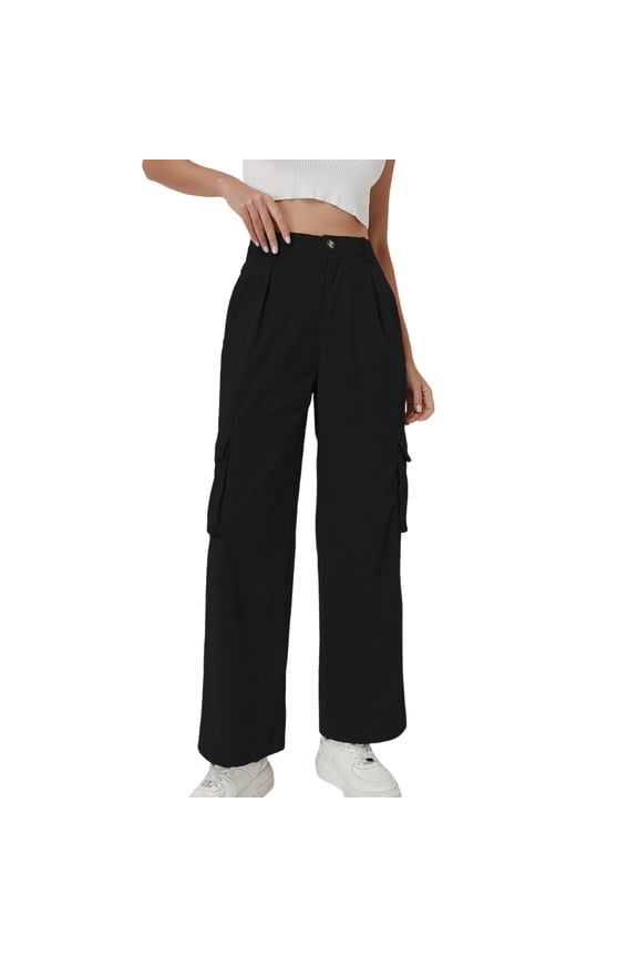 Women's High Waisted Wide Leg Corduroy Cargo Pants Pleated Button Fly Trousers with Side Flap Pockets