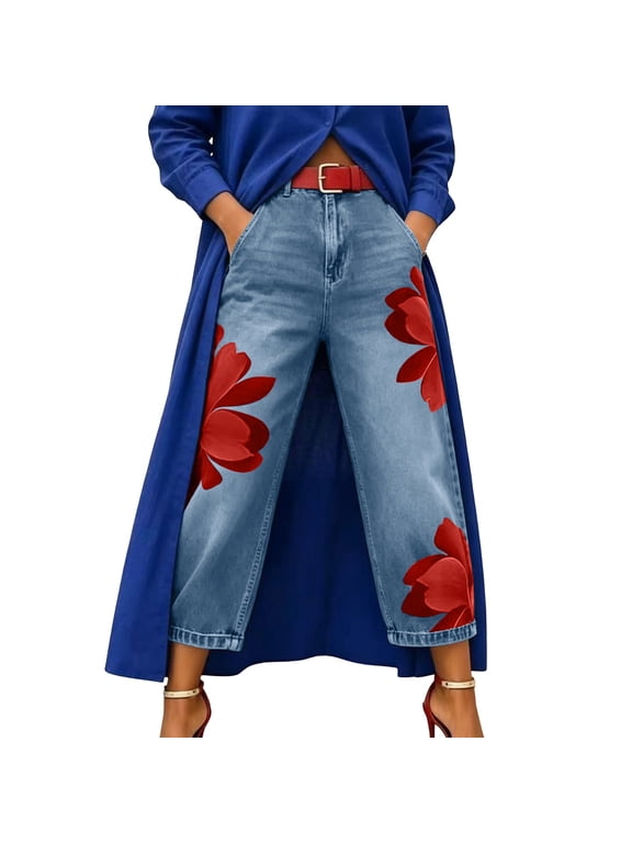 Women's High Waisted Wide Leg Cropped Jeans with Red Floral Print and Button Closure, Relaxed Fit Capri Denim Pants with Pockets, Trendy Unique Summer Streetwear Bottoms