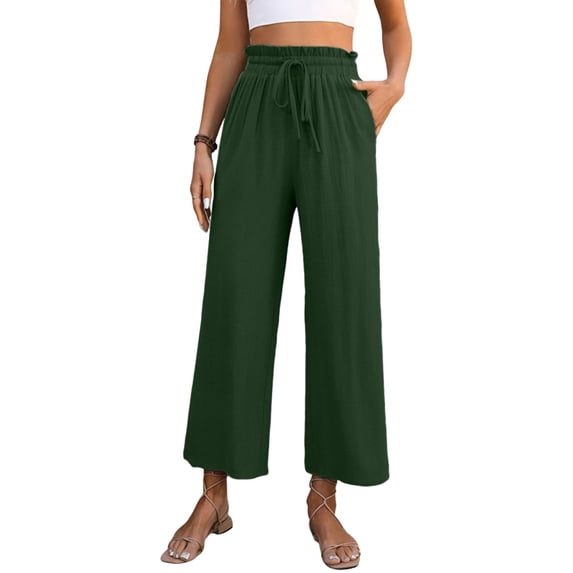 Women's High Waisted Wide Leg Cropped Pants Casual Drawstring Elastic Waist Capri Pants with Pockets