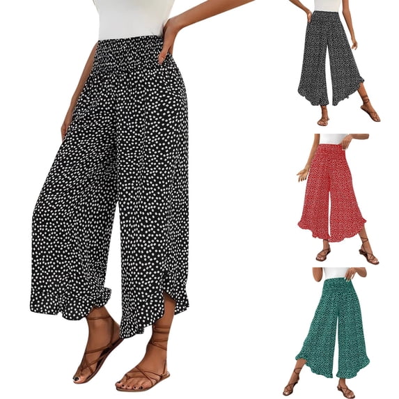 Women's High Waisted Wide Leg Cropped Pants Trousers Bottoms Casual Polka Dot Cinched Waist Loose Fit Flowy Soft Breathable Lounge Wear Daily Wear Office Pants for Women | Aestivo,Black L