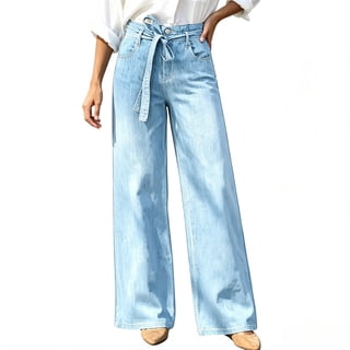 Women's High Waisted Wide Leg Denim Jeans with Long Detachable Waist Strap Ties, Light Blue Wash Straight Casual Pants