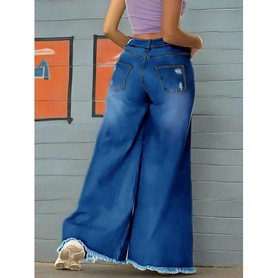 Women's High Waisted Wide Leg Distressed Ripped Jeans Vintage Wash Denim with Frayed Hem