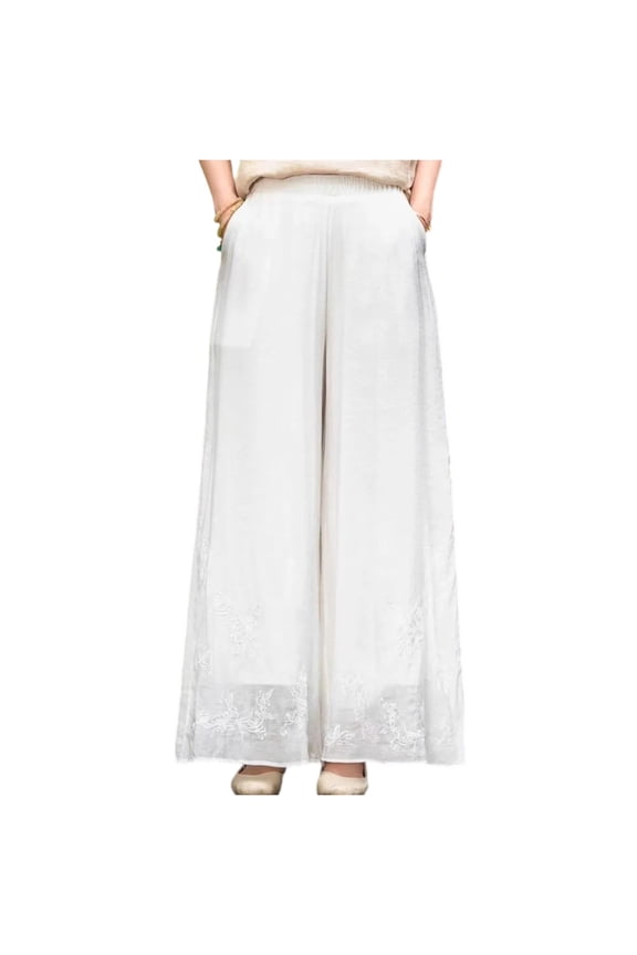 Women's High Waisted Wide Leg Embroidered Palazzo Pants Elastic Waist Loose Casual Long Trousers