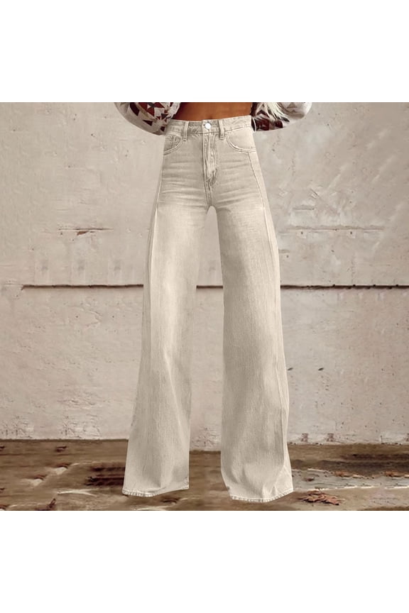 Women's High Waisted Wide Leg Jean-Look Pants, Casual Straight Fit Trouser with Back Pockets, Retro 90s Style Palazzo Pants for Everyday Wear and Street Style