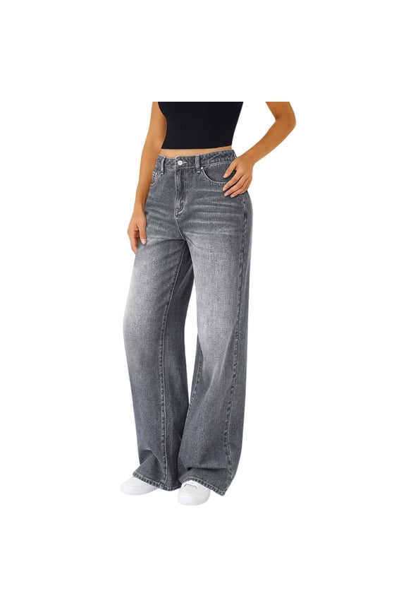 Women's High Waisted Wide Leg Jeans, Baggy Mom Jeans, Straight Leg Denim Pants for Casual Wear, Street Style and Daily Outfits, Classic Five Pocket Design-Gray