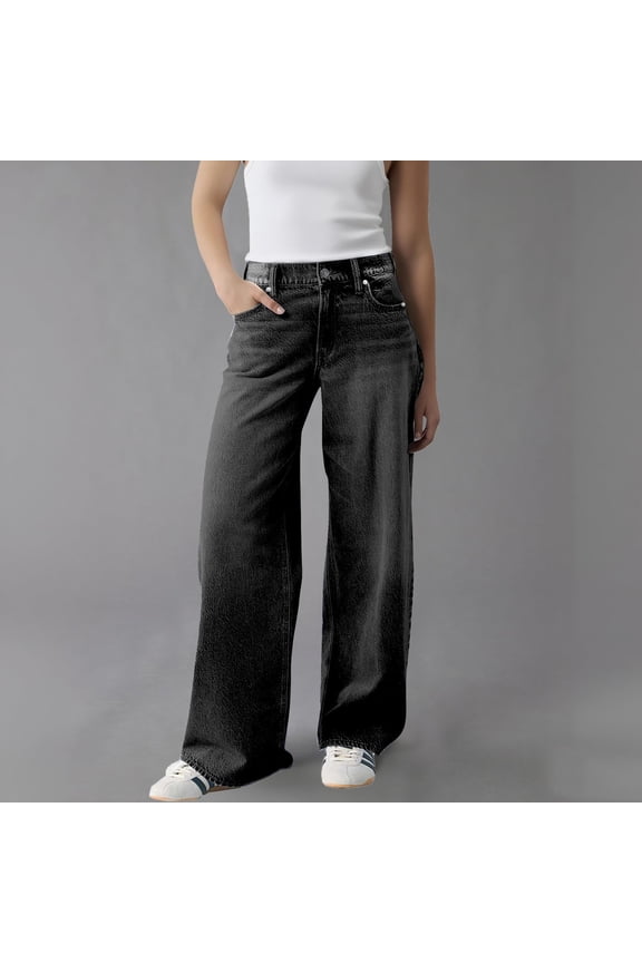 Women's High Waisted Wide Leg Jeans, Baggy Mom Jeans with Stretch, Loose Fit Straight Leg Denim Pants for Casual Wear, Street Style and Daily Outfits-Gray