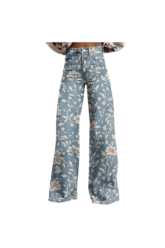 Women's High Waisted Wide Leg Jeans, Boho Floral Print Denim Pants with Pockets, Casual Loose Fit Palazzo Jeans