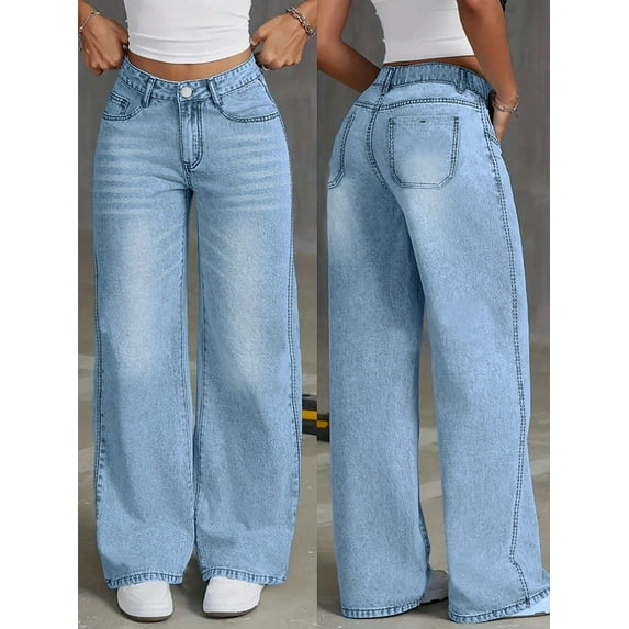 Women's High - Waisted Wide - Leg Jeans Loose Fit Elegant Drop Hem Denim Pants With Button Retro Casual Trend Cotton Denim Classic Button Pocket Design Light Blue Wash Fashion Everyday Pants