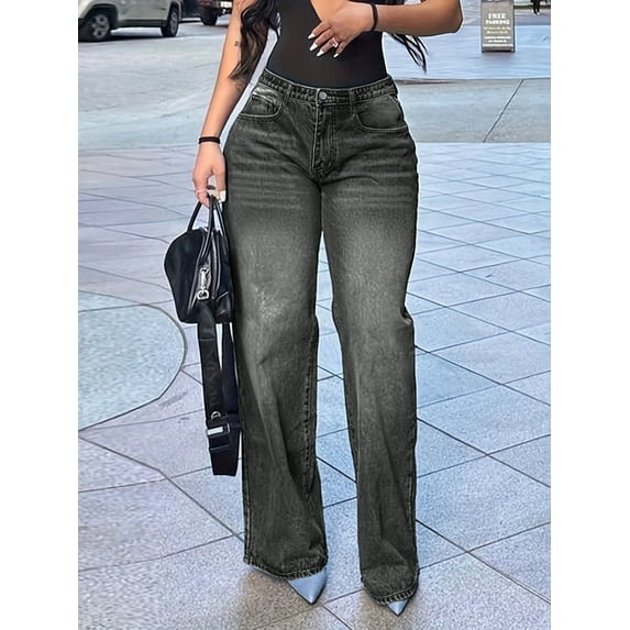 Women's High - Waisted Wide - Leg Jeans Loose Fit Fashion Casual Retro Casual Trend Cotton Denim Classic Button Pocket Design Multiple Washes (Black/Blue/Gray) Fashion Everyday Pants