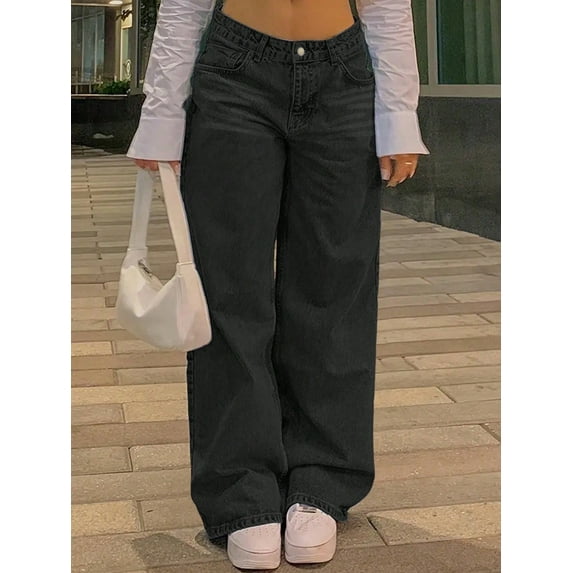 Women's High - Waisted Wide - Leg Jeans Loose Fit Retro Minimalist Trend Casual Everyday Sexy Straight Pants-Diagonal Pocket Jeans Cotton Denim Classic Button Design Multiple Washes (Blue/Gray) Casua