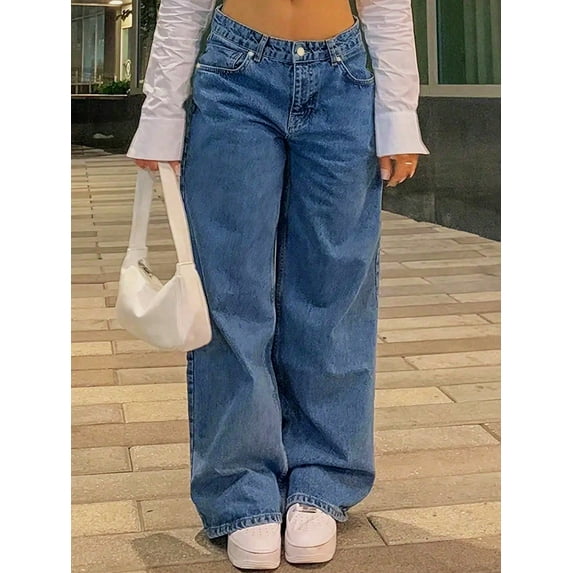 Women's High - Waisted Wide - Leg Jeans Loose Fit Retro Minimalist Trend Casual Everyday Sexy Straight Pants-Diagonal Pocket Jeans Cotton Denim Classic Button Design Multiple Washes (Blue/Gray) Casua
