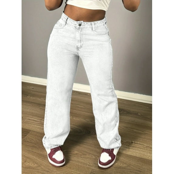 Women's High - Waisted Wide - Leg Jeans Loose Fit Retro Street Style Cotton Denim Classic Button Design Multiple Washes Trendy Casual Pants for Daily Streetwear Looks