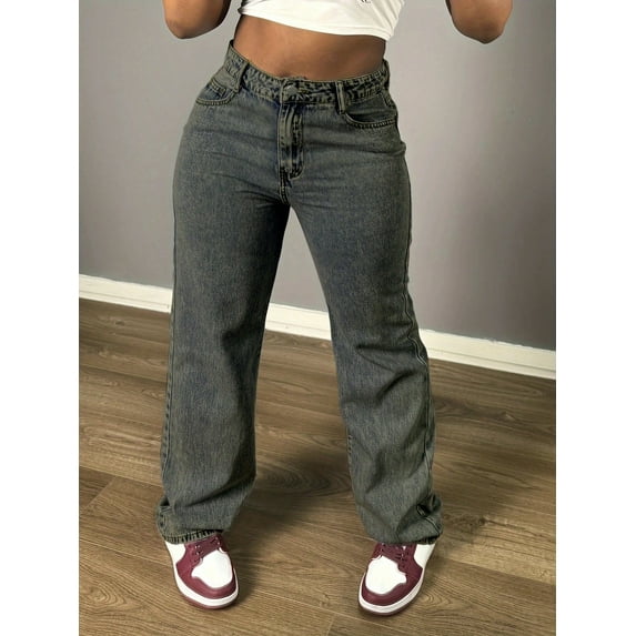 Women's High - Waisted Wide - Leg Jeans Loose Fit Retro Street Style Cotton Denim Classic Button Design Multiple Washes Trendy Casual Pants for Daily Streetwear Looks