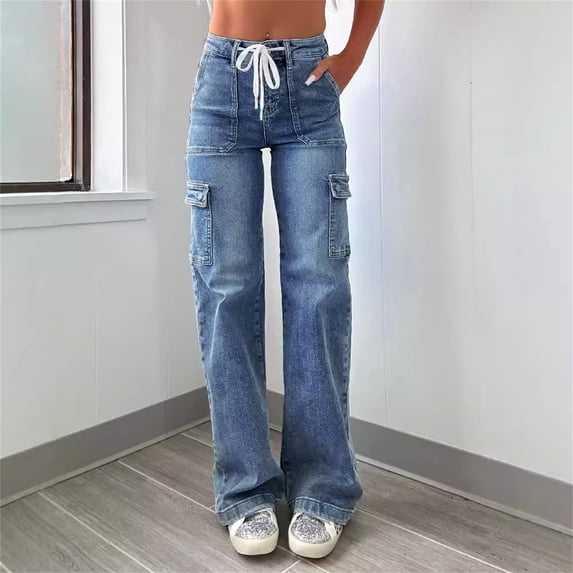 Women's High Waisted Wide Leg Jeans, Retro Style Slimming Denim Pants with Cargo Pockets, Casual Loose Fit Stretch Jeans for Daily Wear, Comfortable Cotton Blend Vintage Inspired Jeans Dark Blue