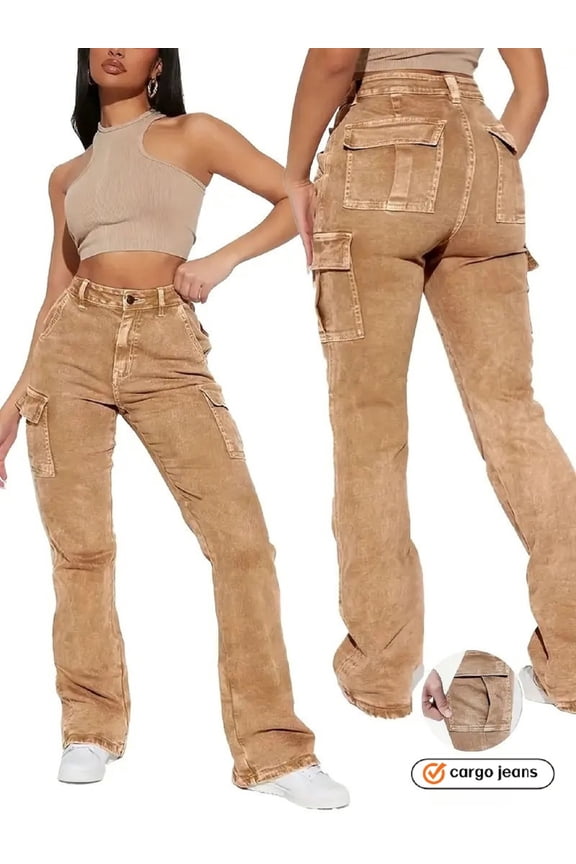 Women's High Waist Flare Cargo Jeans - Vintage Acid Wash Tan Denim, Multi-Pocket Utility Design, Stretchy Bootcut Pants for Casual Streetwear & Everyday Wear