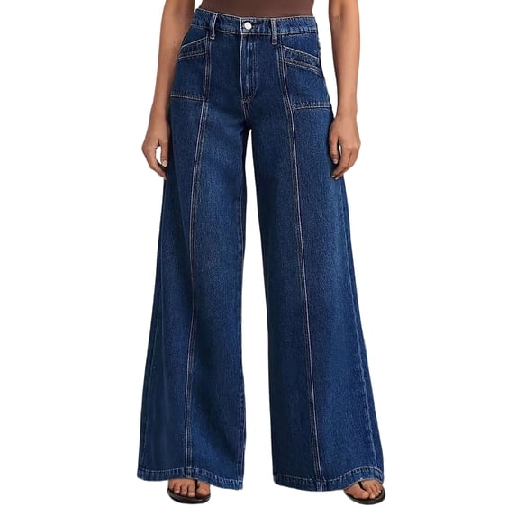 Women's High Waisted Wide Leg Jeans With Solid Color Front Denim Pants Casual Loose Pants With Functional Pockets Suitable For Daily Wear