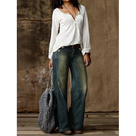 Women’s High Waisted Wide Leg Long Denim Pants Vintage Washed Flare Jeans with Pocket Design
