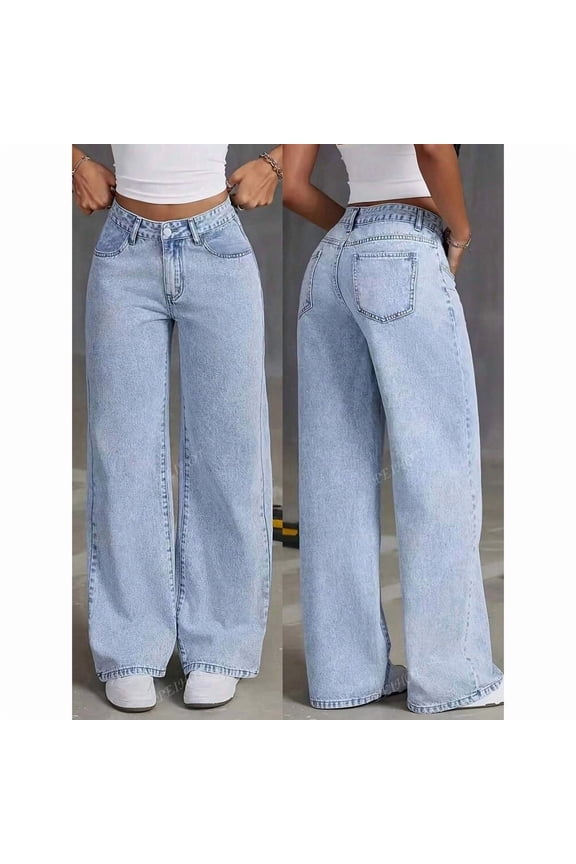 Women's High Waisted Wide Leg Loose Fit Stretch Denim Pants with Pockets -Comfortable Casual Tummy Control Straight Leg Straight-Look Jeans suitable for Spring/Autumn, Casual & Dressy Outfits