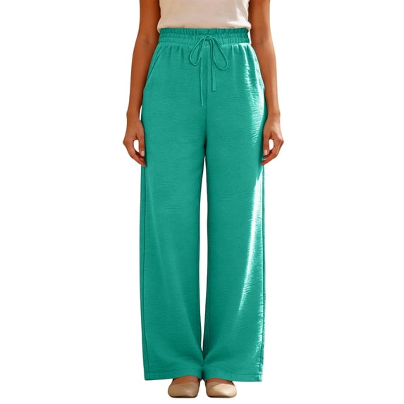 Women's High Waisted Wide Leg Lounge Pants Lightweight Adjustable Tie Knot Flowy Trousers with Pockets Blue 2XL