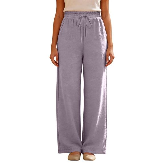 Women's High Waisted Wide Leg Lounge Pants Lightweight Adjustable Tie Knot Flowy Trousers with Pockets Purple 2XL