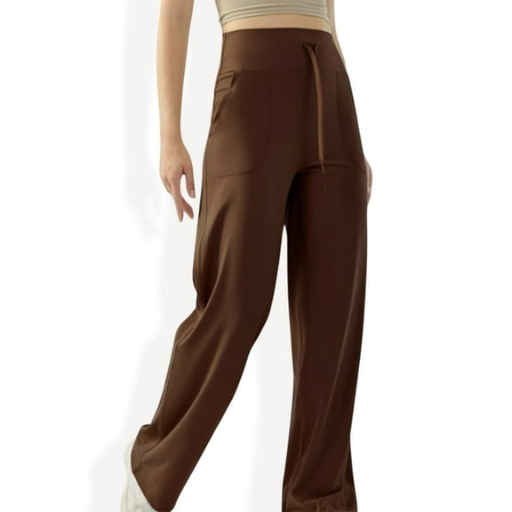 Women's High Waisted Wide Leg Lounge Pants with Drawstring and Pockets - Small, Brown