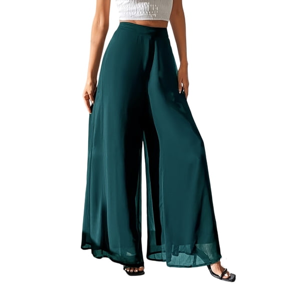 Women's High Waisted Wide Leg Palazzo Pants Flowy Chiffon Lounge Trousers with Elastic Waist