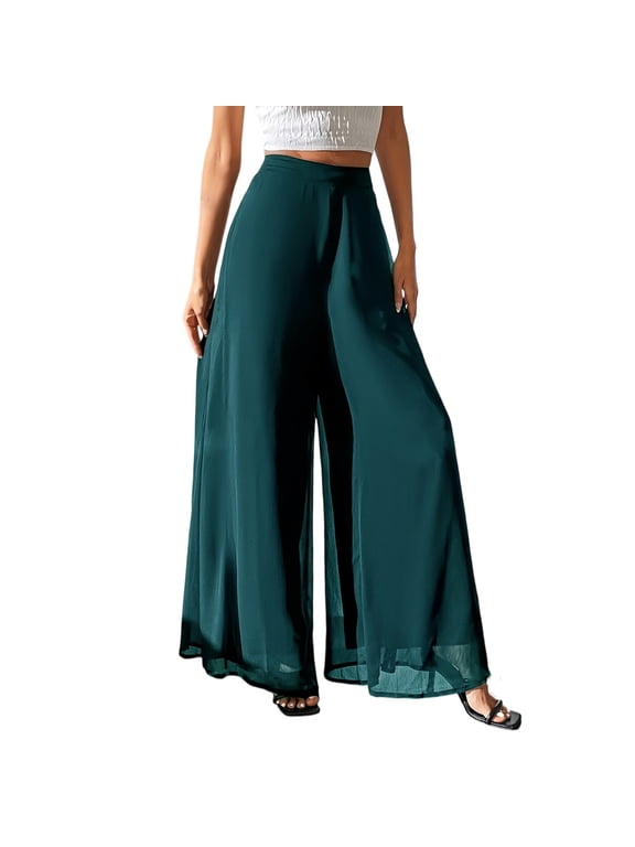 Women's High Waisted Wide Leg Palazzo Pants Flowy Chiffon Lounge Trousers with Elastic Waist