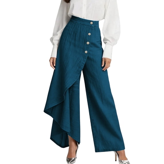 Women's High Waisted Wide Leg Pants Asymmetric Ruffle Hem Palazzo Trousers Casual Loose Straight Slacks with Side Decorative Buttons