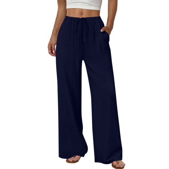 Women's High Waisted Wide Leg Pants Casual Drawstring Slit Hem Loose Fit Comfy Summer Beach Vacation Navy