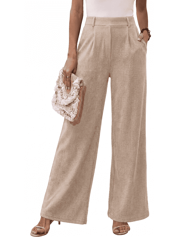 Women’s High Waisted Wide Leg Pants Casual Straight Leg Trousers with Front Pleats Elastic Back Waist Lounge Work Pants