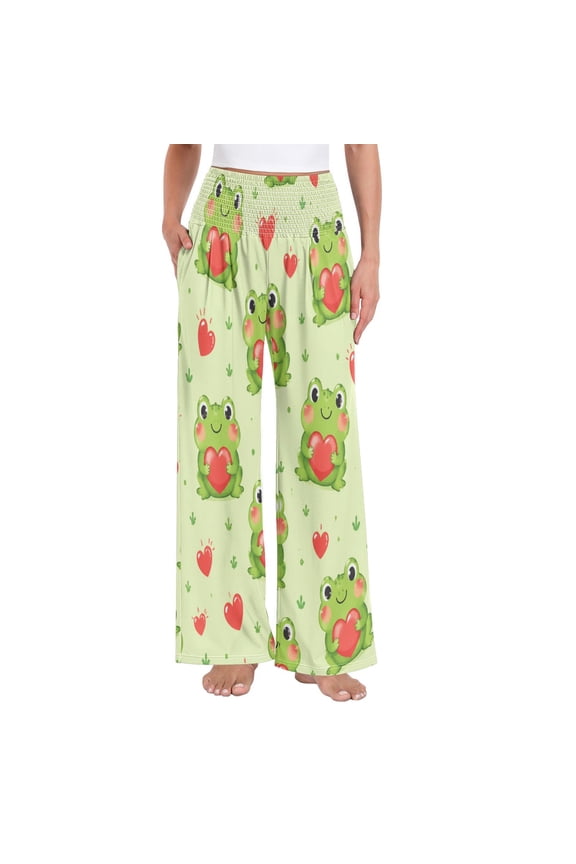 Women's High Waisted Wide Leg Pants Casual Summer Trousers with Pockets Smocked Waist Soft Breathable Lounge Pants for Home Yoga Travel Shopping S-XXL Adorable Frog Hearts Design