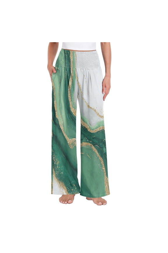 Women's High Waisted Wide Leg Pants Casual Summer Trousers with Pockets Smocked Waist Soft Breathable Lounge Pants for Home Yoga Travel Shopping S-XXL Alluring Gold-green Marble