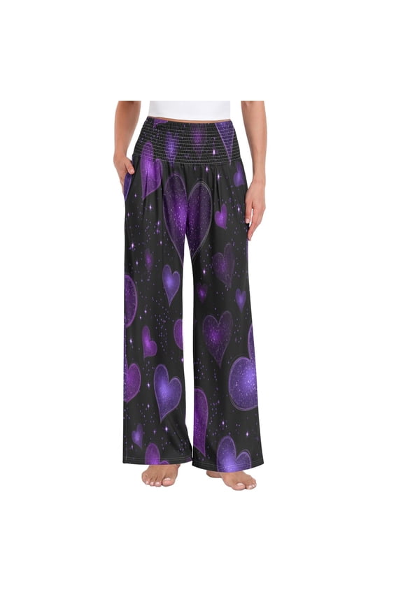 Women's High Waisted Wide Leg Pants Casual Summer Trousers with Pockets Smocked Waist Soft Breathable Lounge Pants for Home Yoga Travel Shopping S-XXL Amethyst Diamond Hearts