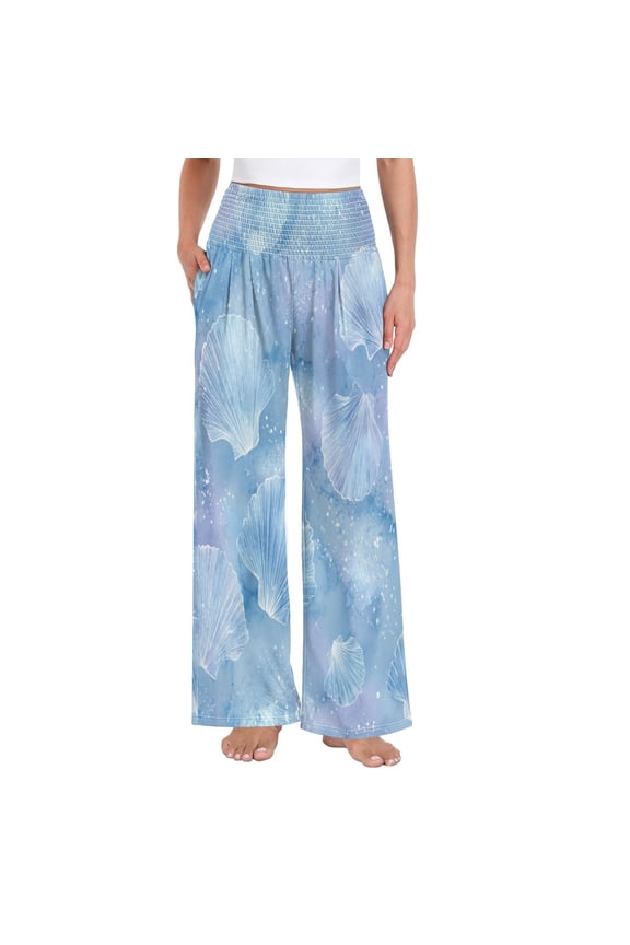 Women's High Waisted Wide Leg Pants Casual Summer Trousers with Pockets Smocked Waist Soft Breathable Lounge Pants for Home Yoga Travel Shopping S-XXL Blue Sea Shell Pattern