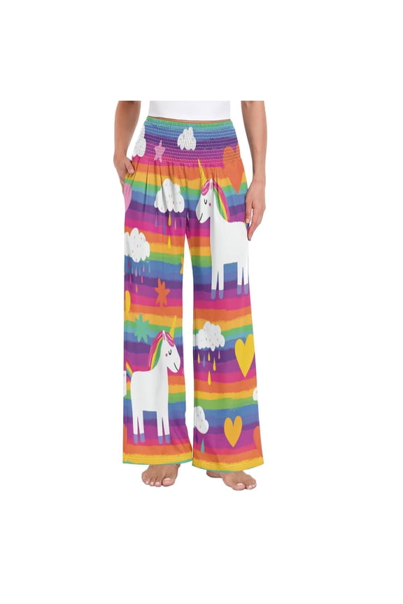 Women's High Waisted Wide Leg Pants Casual Summer Trousers with Pockets Smocked Waist Soft Breathable Lounge Pants for Home Yoga Travel Shopping S-XXL Bright Rainbow Unicorn Seamless