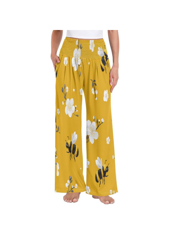 Women's High Waisted Wide Leg Pants Casual Summer Trousers with Pockets Smocked Waist Soft Breathable Lounge Pants for Home Yoga Travel Shopping S-XXL Cute Cartoon Bees