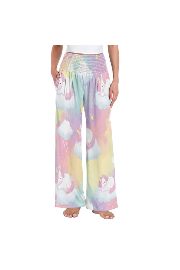Women's High Waisted Wide Leg Pants Casual Summer Trousers with Pockets Smocked Waist Soft Breathable Lounge Pants for Home Yoga Travel Shopping S-XXL Cute Cloud Unicorn Print