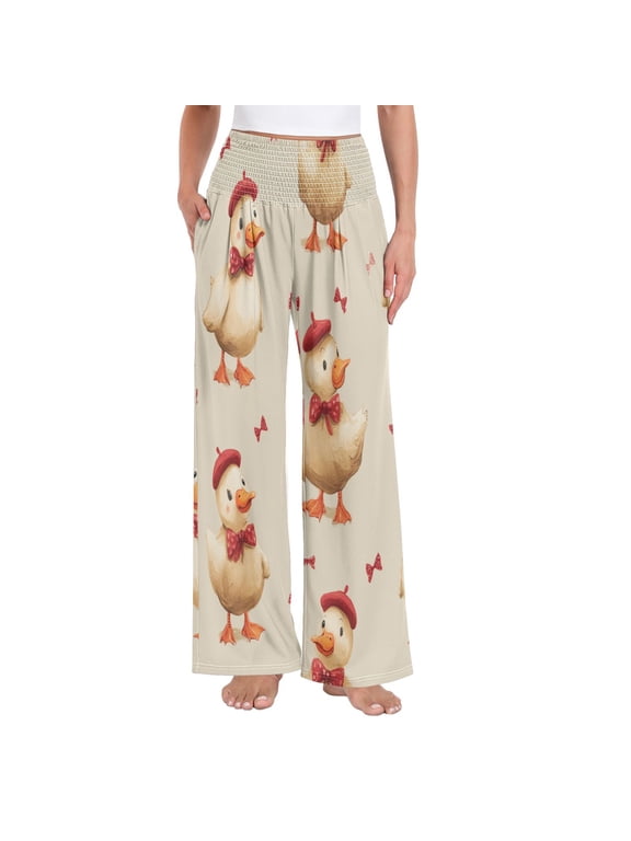 Women's High Waisted Wide Leg Pants Casual Summer Trousers with Pockets Smocked Waist Soft Breathable Lounge Pants for Home Yoga Travel Shopping S-XXL Dapper Duck Pattern
