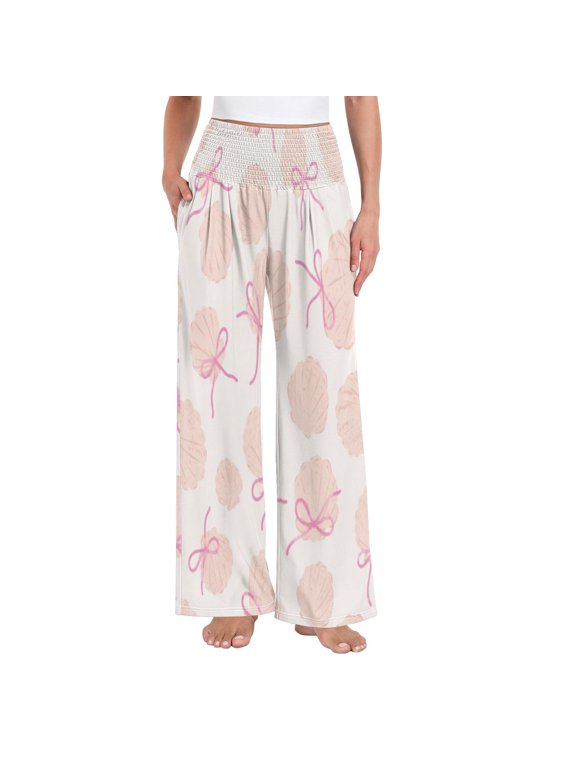 Women's High Waisted Wide Leg Pants Casual Summer Trousers with Pockets Smocked Waist Soft Breathable Lounge Pants for Home Yoga Travel Shopping S-XXL Delicate Seashell Bow Pattern