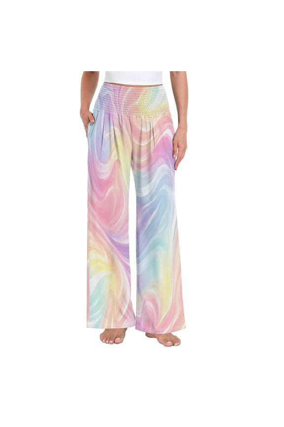 Women's High Waisted Wide Leg Pants Casual Summer Trousers with Pockets Smocked Waist Soft Breathable Lounge Pants for Home Yoga Travel Shopping S-XXL Ethereal Rainbow Swirl