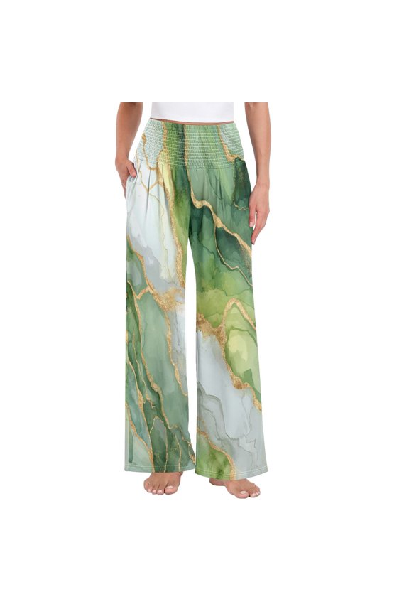 Women's High Waisted Wide Leg Pants Casual Summer Trousers with Pockets Smocked Waist Soft Breathable Lounge Pants for Home Yoga Travel Shopping S-XXL Fresh Golden-green Marble