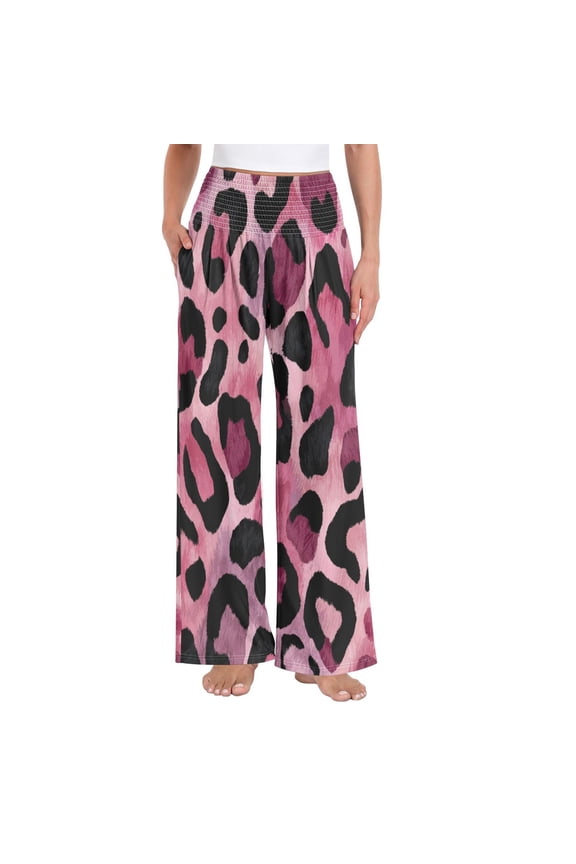 Women's High Waisted Wide Leg Pants Casual Summer Trousers with Pockets Smocked Waist Soft Breathable Lounge Pants for Home Yoga Travel Shopping S-XXL Fuchsia Pink Fur Leopard Print