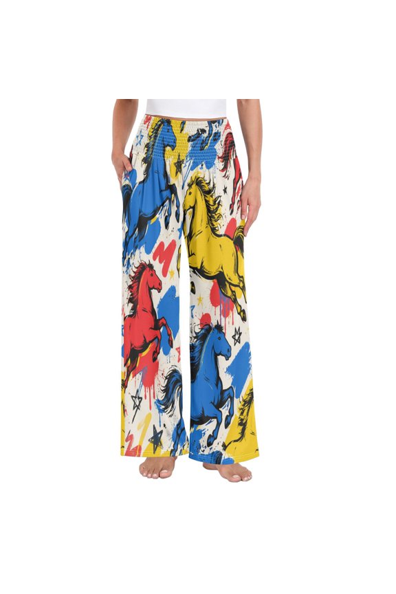 Women's High Waisted Wide Leg Pants Casual Summer Trousers with Pockets Smocked Waist Soft Breathable Lounge Pants for Home Yoga Travel Shopping S-XXL Graffiti Running Horses Stars