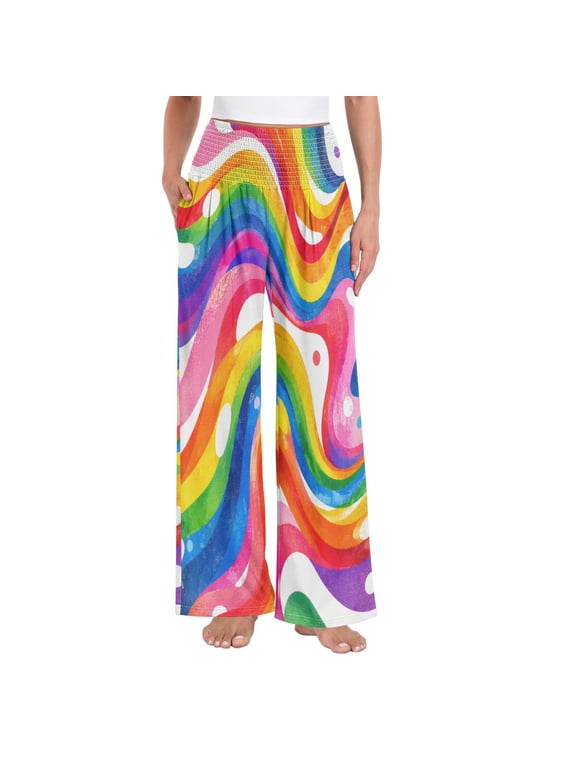 Women's High Waisted Wide Leg Pants Casual Summer Trousers with Pockets Smocked Waist Soft Breathable Lounge Pants for Home Yoga Travel Shopping S-XXL Groovy Rainbow Swirl Pattern