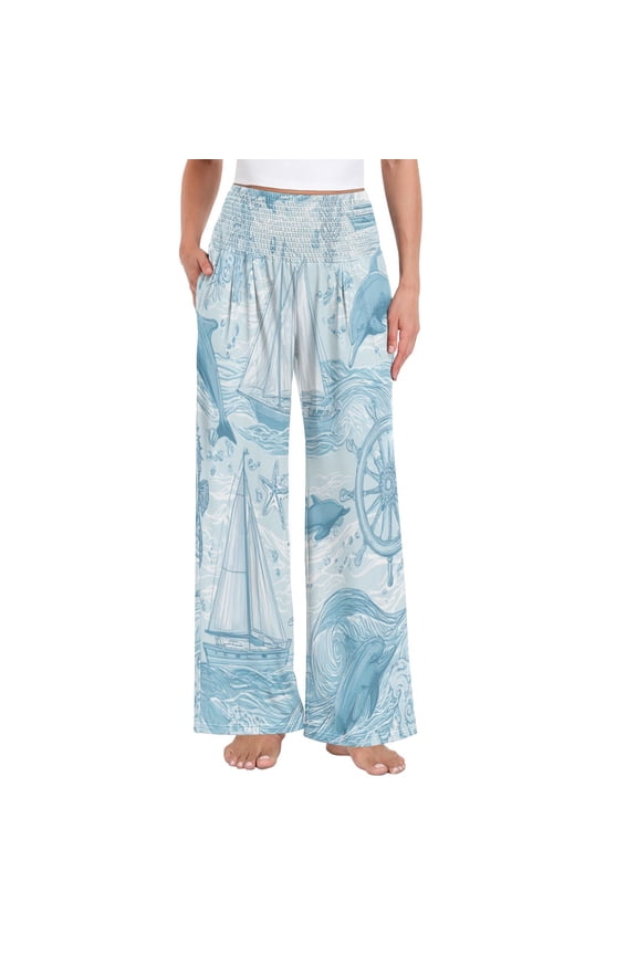Women's High Waisted Wide Leg Pants Casual Summer Trousers with Pockets Smocked Waist Soft Breathable Lounge Pants for Home Yoga Travel Shopping S-XXL Light Blue Dolphins Nautical Pattern